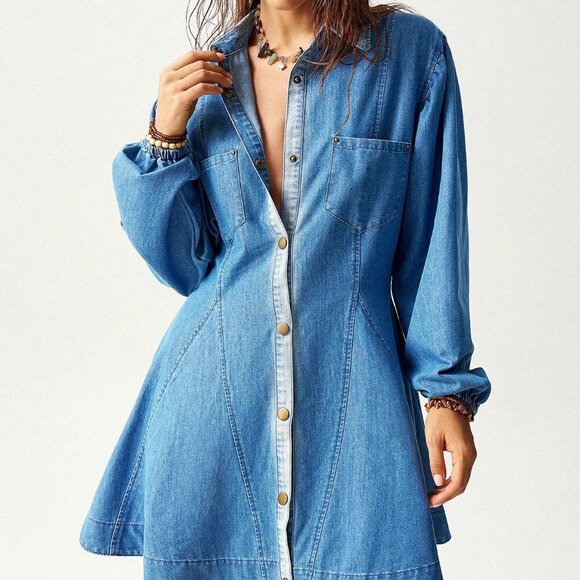 Dark Wash Casual Women's Loose Denim Long Sleeve Mini Dress - Picture 1 of 8